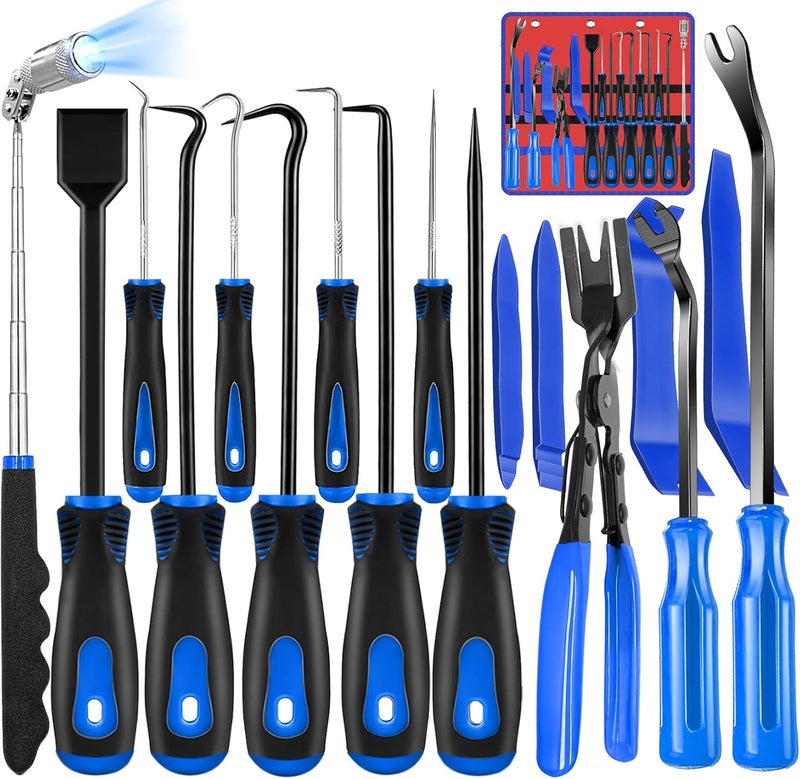 Keze 17 Pcs Hook and Pick Set Auto Trim Removal Tool Kit,Clip Plier Remover Tool Gasket Scraper Telescoping Magnetic Pickup Tool for Automotive Repair and Car Body Door Panel Fastener Removal - Image 1